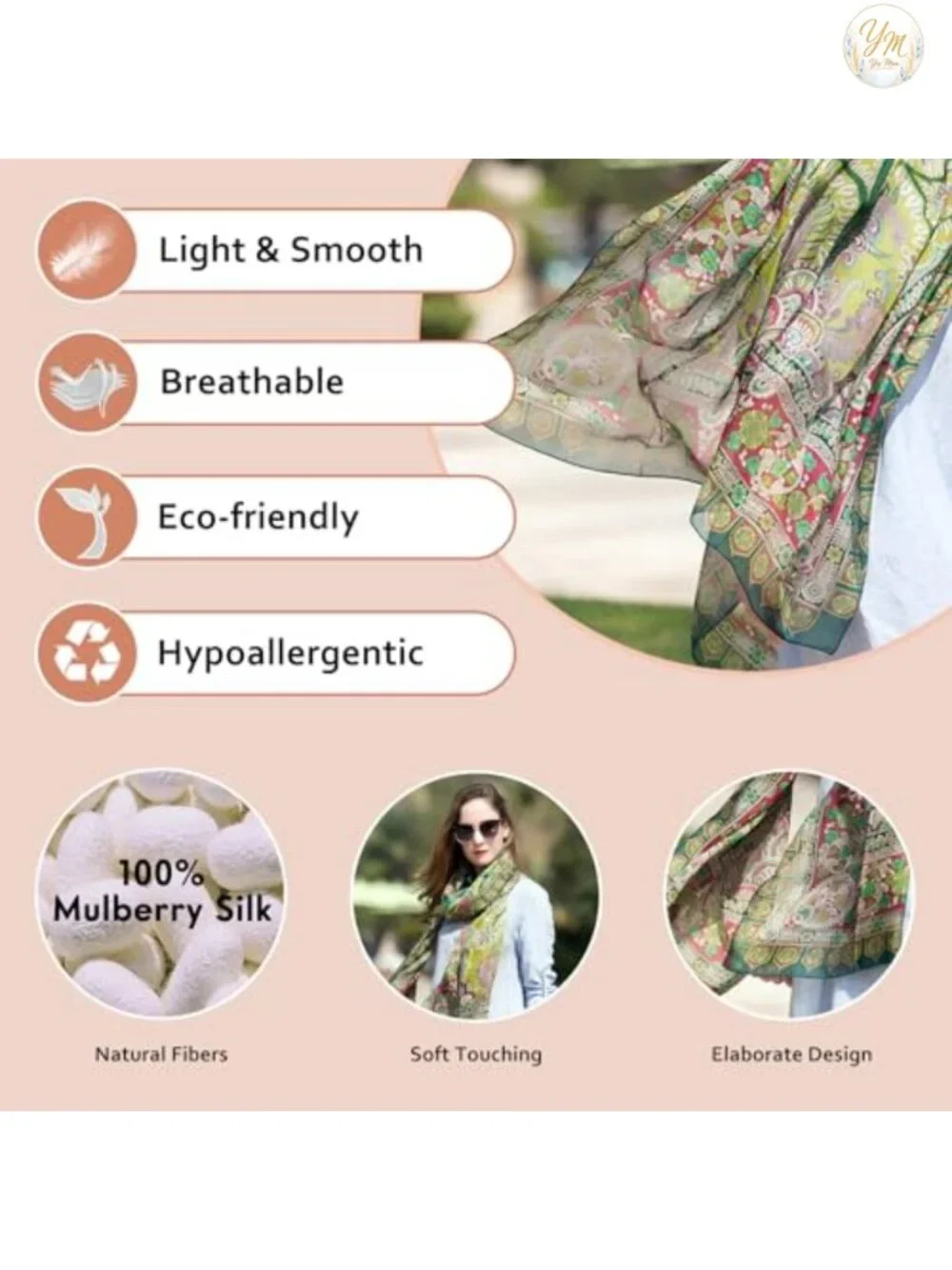 100% Mulberry Silk Pashmina Shawl Wrap for Women Oversized Lightweight 90x43